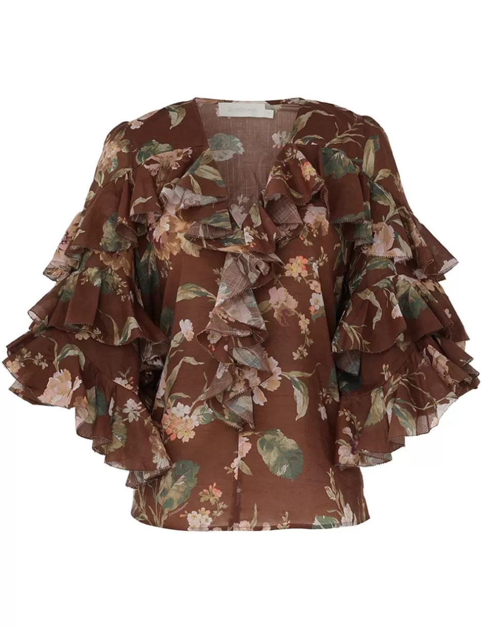 ZIMMERMANN Clothing | Tops<Acacia Ruffle Blouse Chocolate Floral