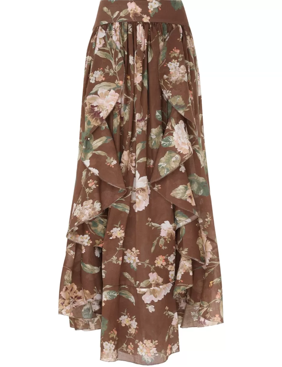 ZIMMERMANN Skirts | Clothing<Acacia Ruffle Maxi Skirt Chocolate Floral