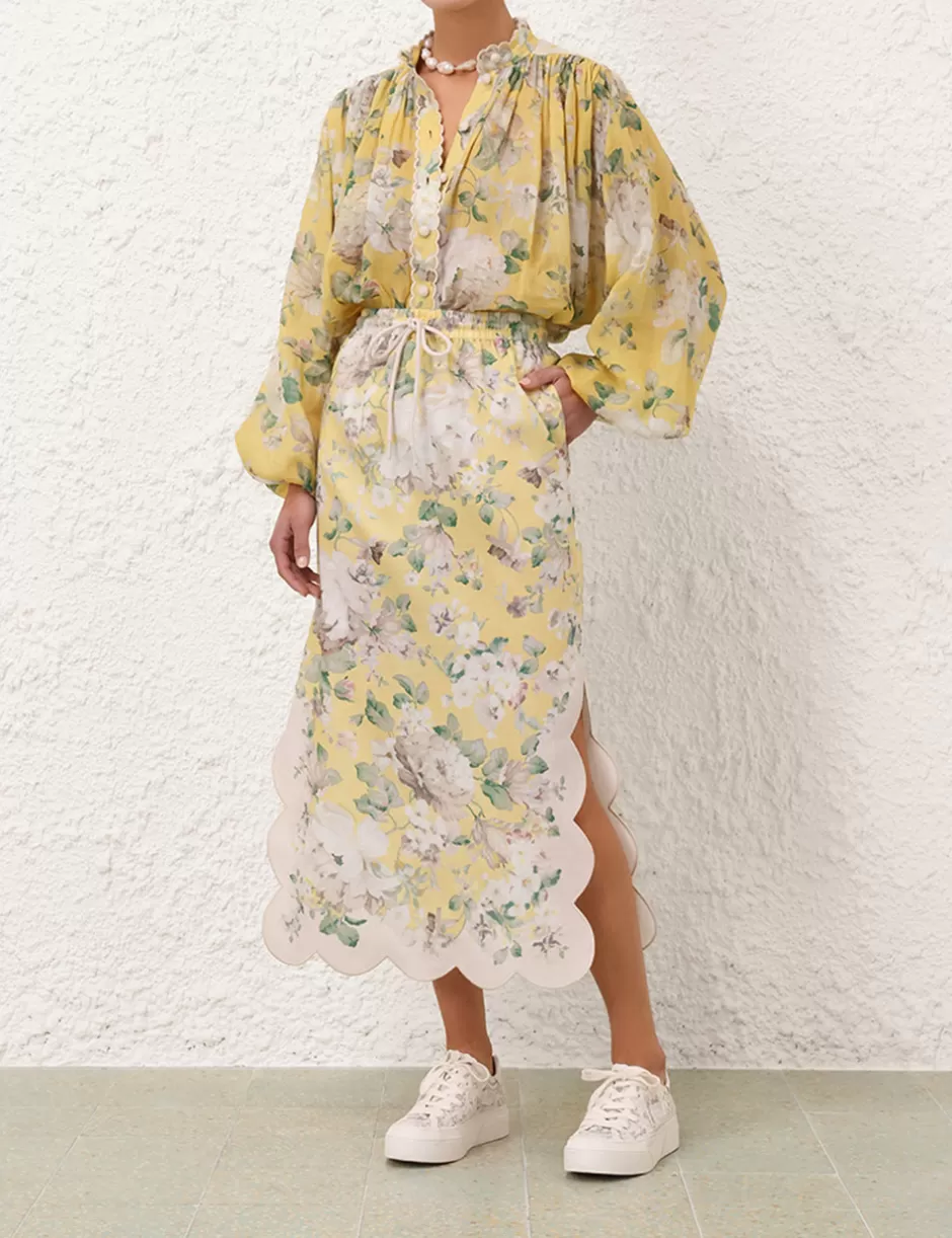 ZIMMERMANN Clothing | Skirts<Acacia Scallop Midi Skirt Yellow Floral