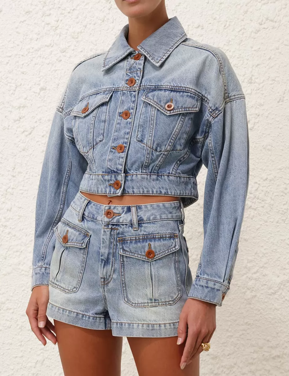 ZIMMERMANN Clothing | Denim<Cropped Denim Jacket Faded Blue