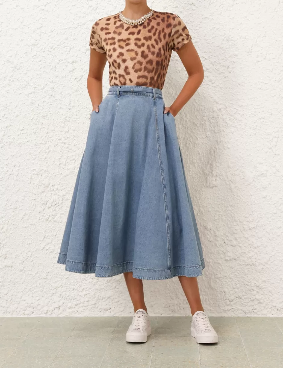 ZIMMERMANN Clothing | Denim<Crush Denim Full Midi Skirt Blue Moon