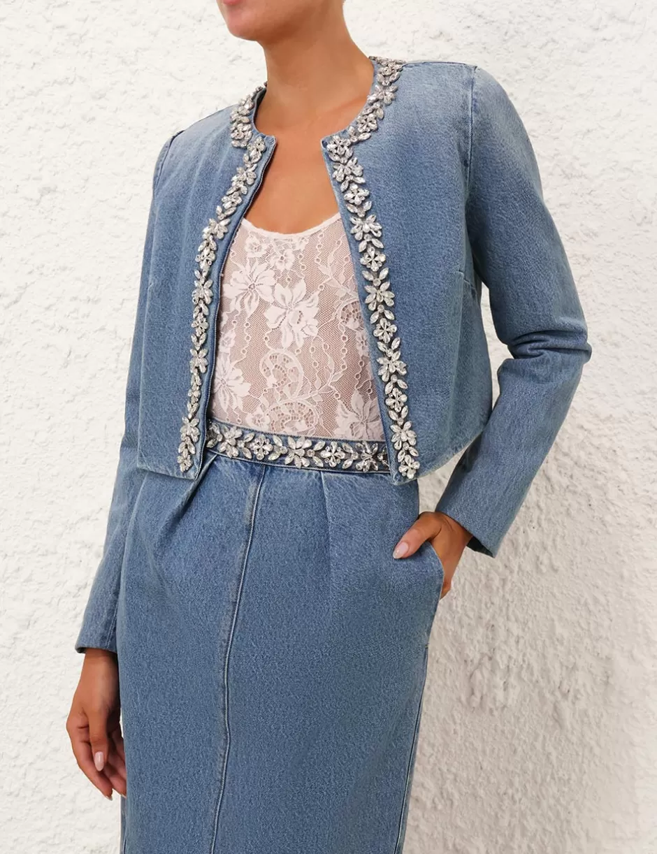 ZIMMERMANN Denim | Clothing<Crush Embellished Denim Jacket Blue Moon