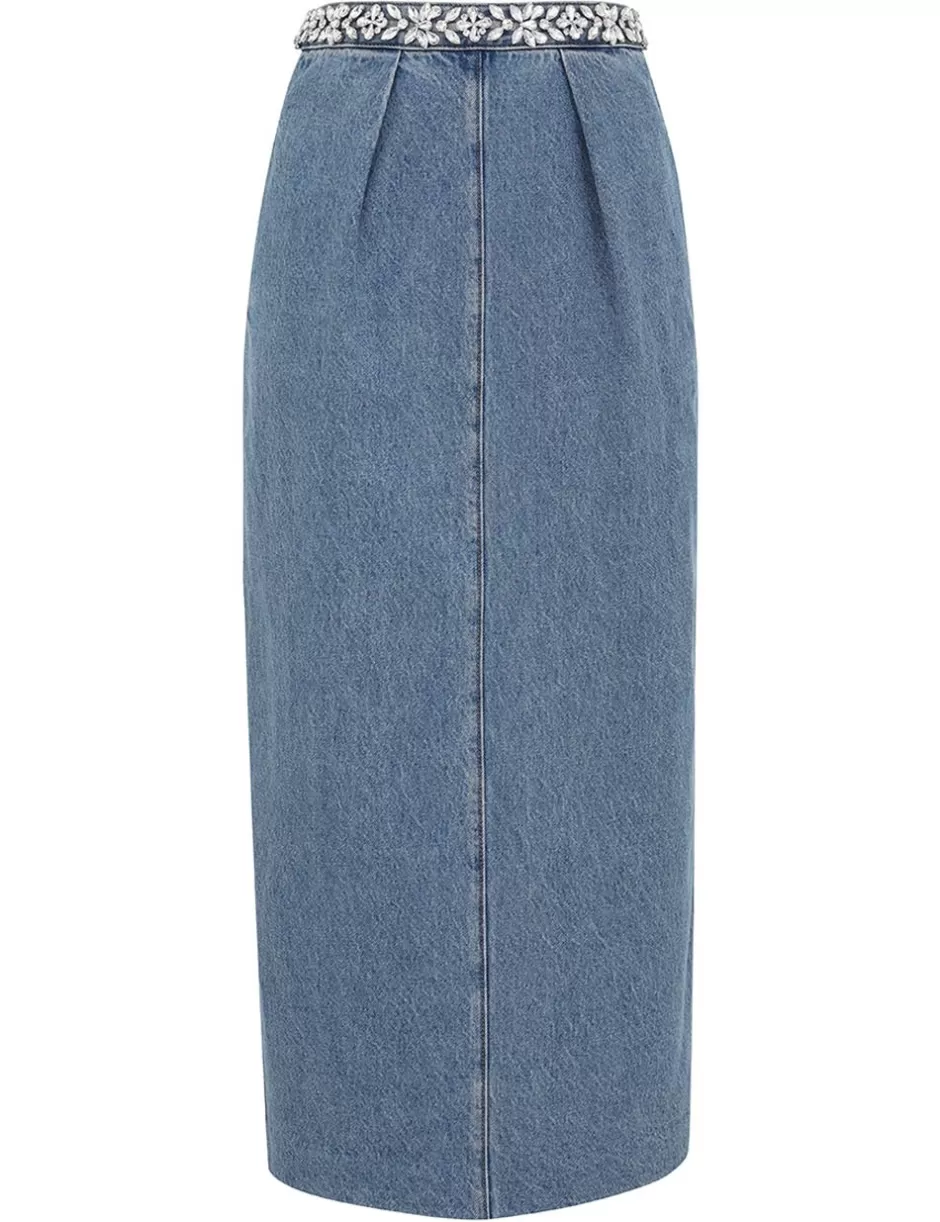 ZIMMERMANN Clothing | Denim<Crush Embellished Denim Skirt Blue Moon