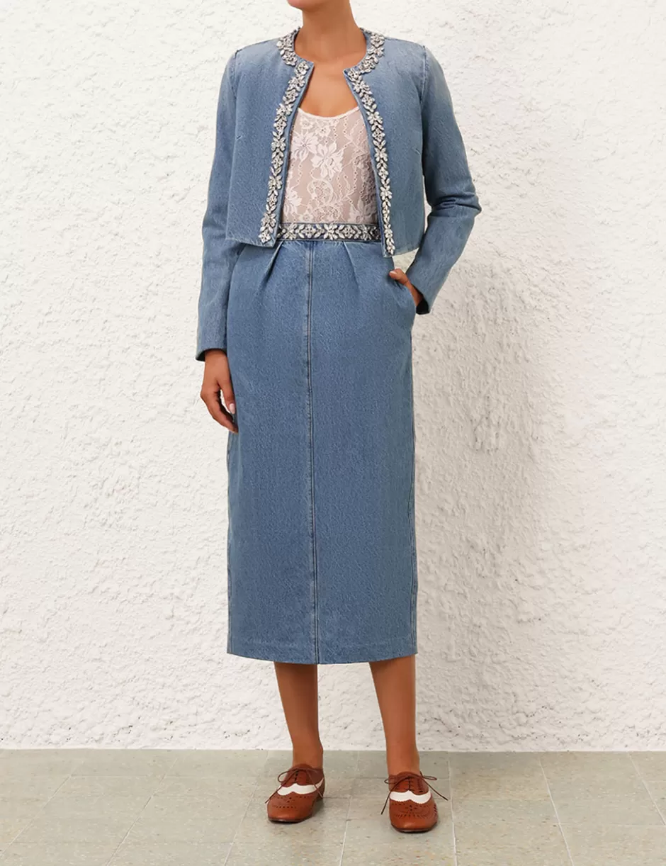 ZIMMERMANN Clothing | Denim<Crush Embellished Denim Skirt Blue Moon