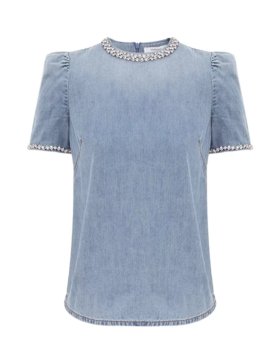 ZIMMERMANN Clothing | Tops<Crush Embellished Denim Top Blue Moon