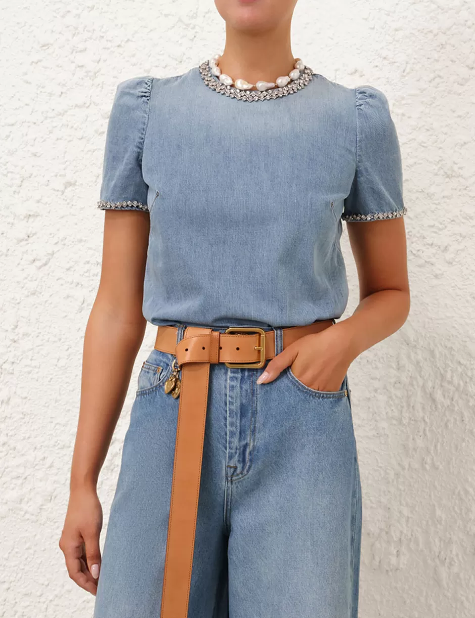 ZIMMERMANN Clothing | Tops<Crush Embellished Denim Top Blue Moon