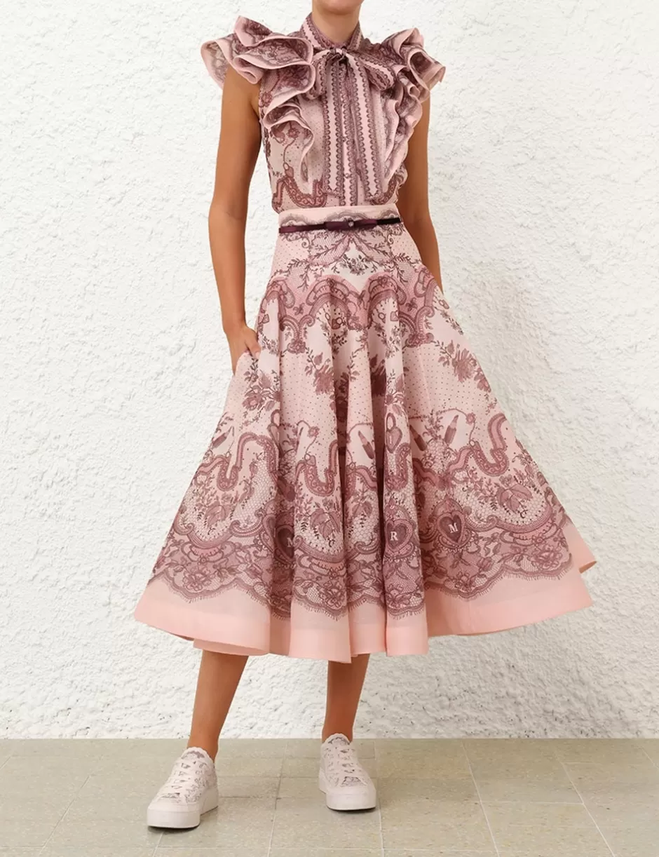 ZIMMERMANN Clothing | Skirts<Crush Flared Midi Skirt Pink Lace Print