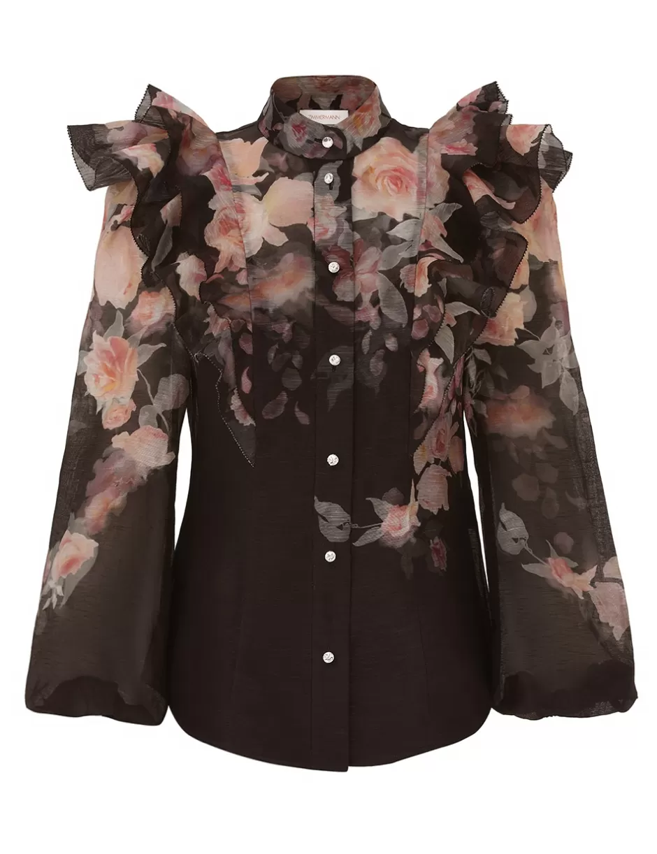 ZIMMERMANN Clothing | Tops<Crush Frill Sleeve Blouse Black Floral