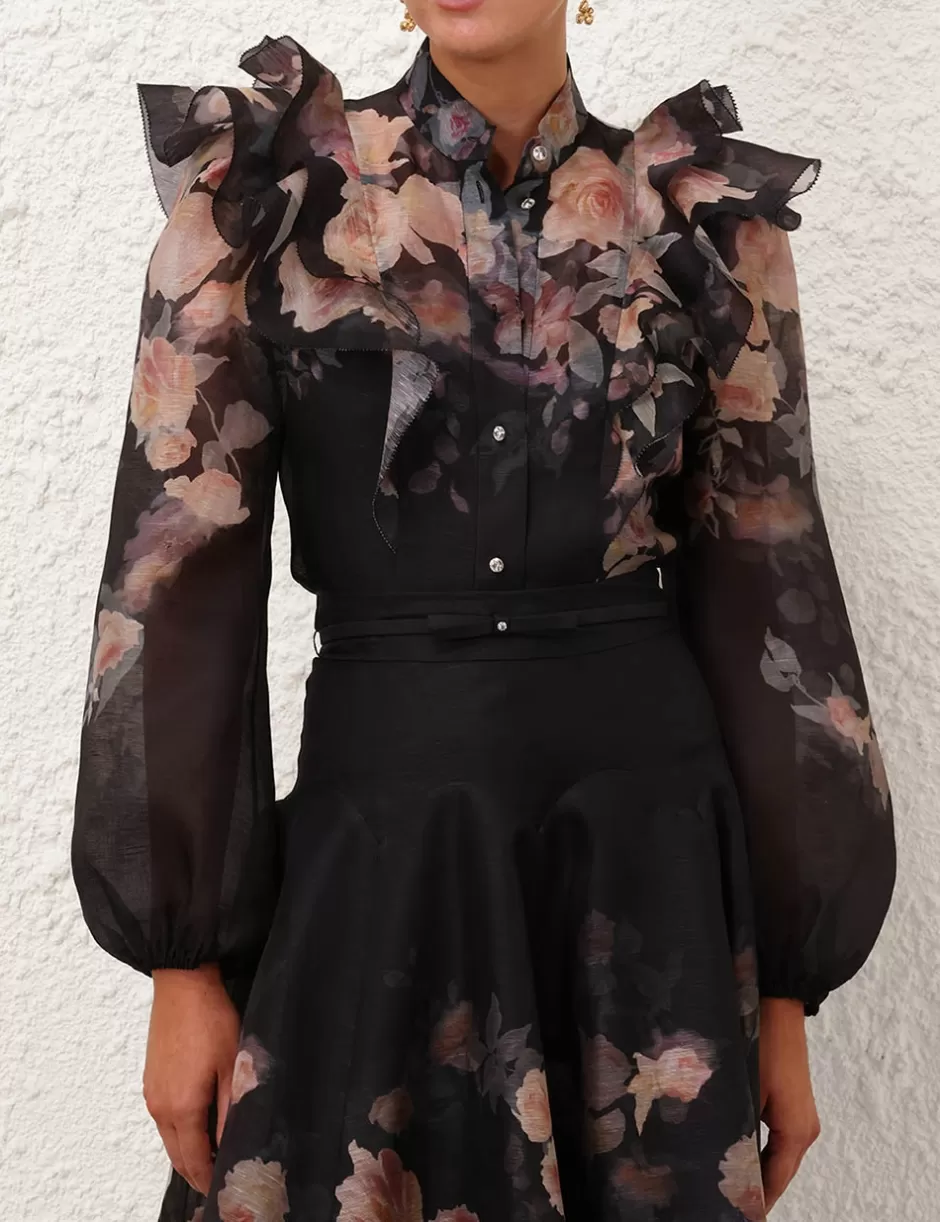 ZIMMERMANN Clothing | Tops<Crush Frill Sleeve Blouse Black Floral