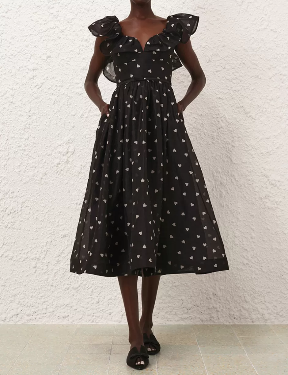 ZIMMERMANN Clothing | Dresses<Crush Frilled Midi Dress Black Hearts