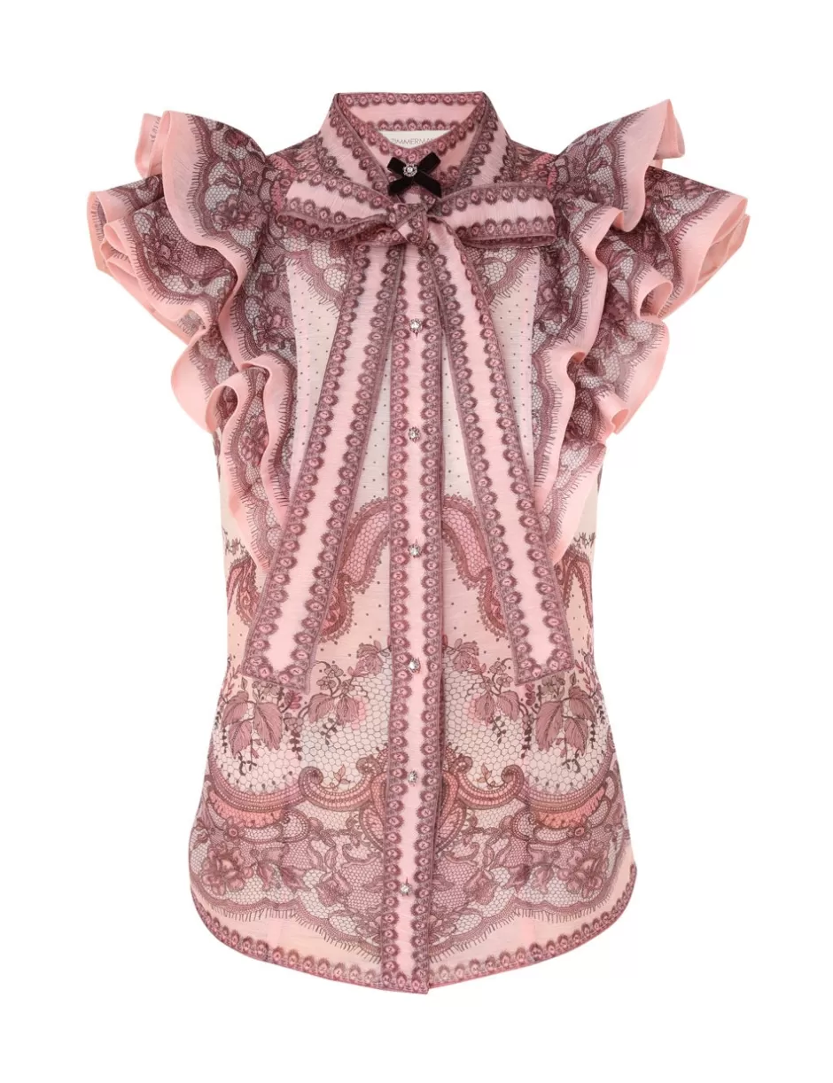 ZIMMERMANN Clothing | Tops<Crush Frilled Fitted Blouse Pink Lace Print