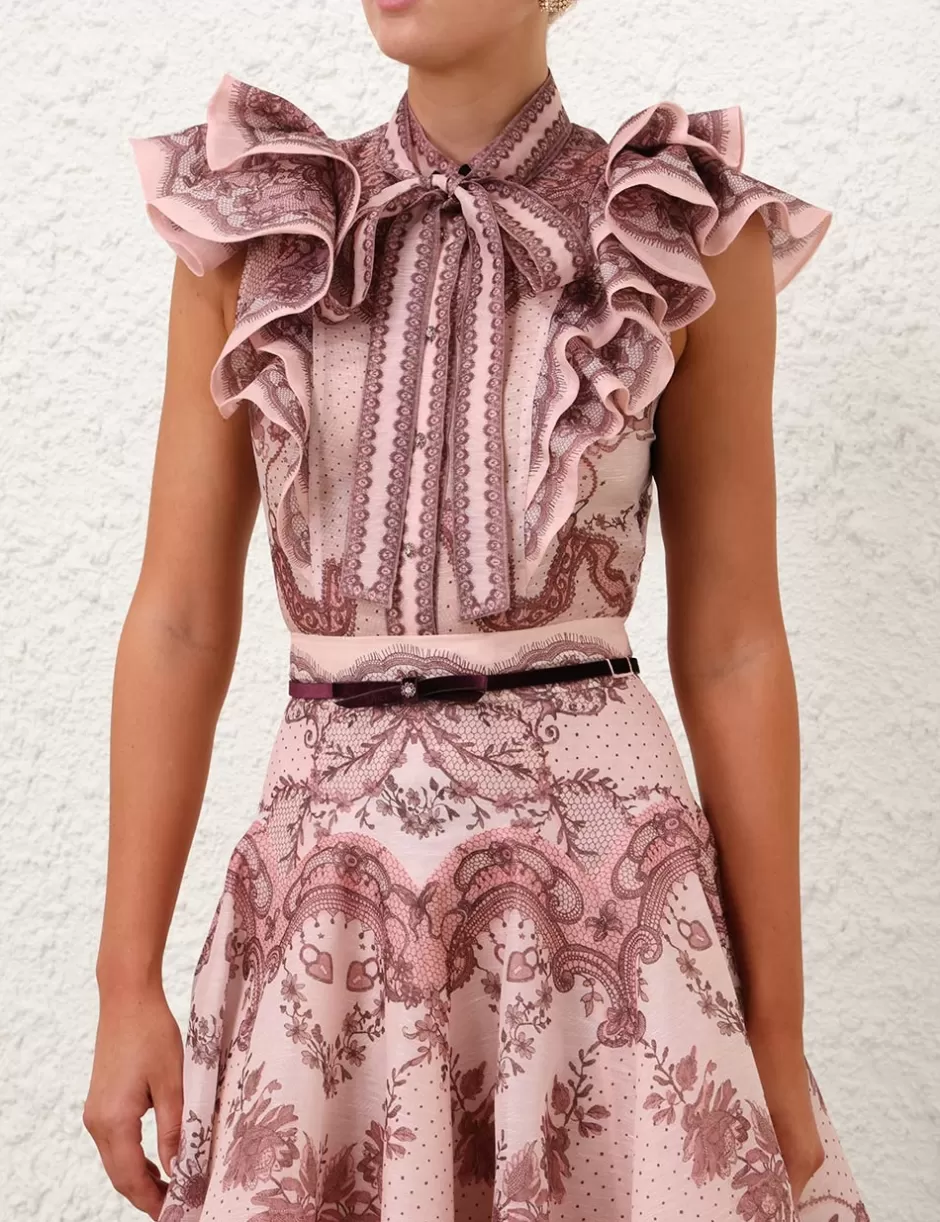 ZIMMERMANN Clothing | Tops<Crush Frilled Fitted Blouse Pink Lace Print