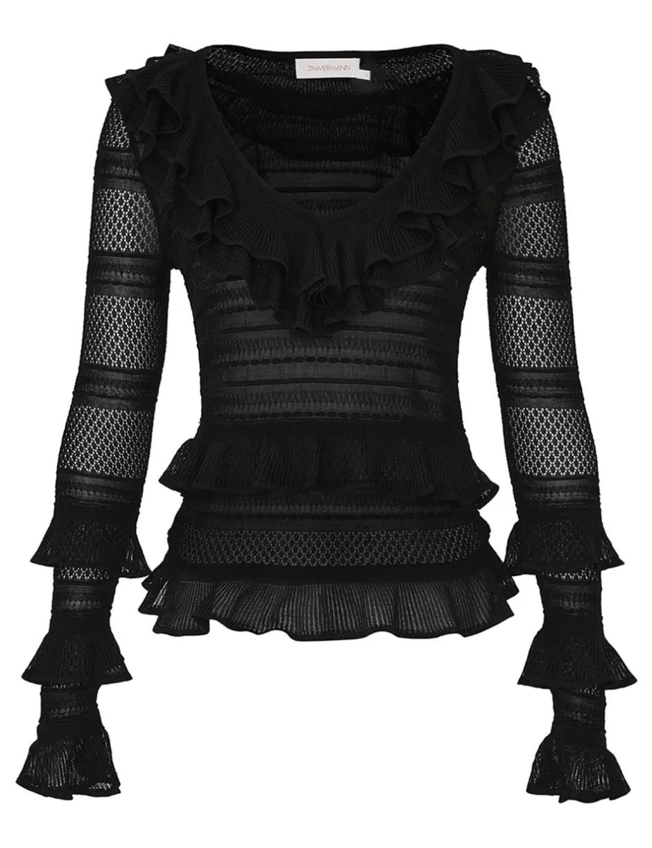 ZIMMERMANN Clothing | Knitwear<Crush Frilled V-neck Top Black