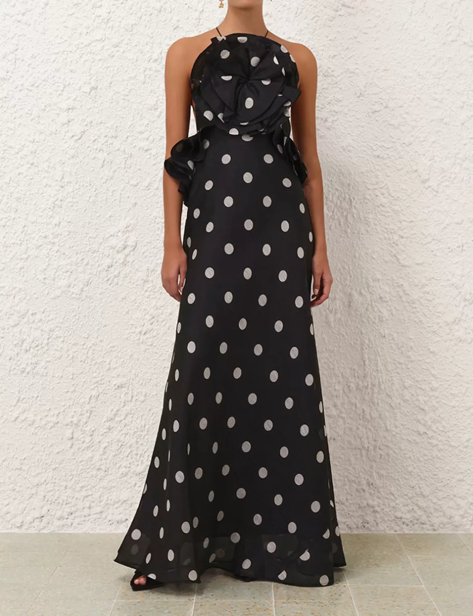 ZIMMERMANN Clothing | Dresses<Crush Ruffle Halter Maxi Dress Black Cream Dot