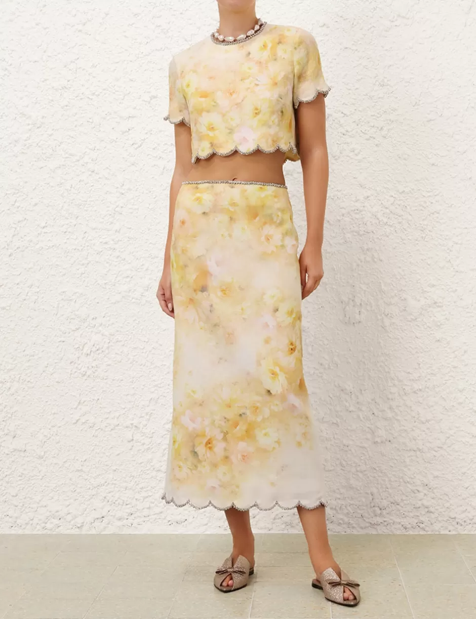 ZIMMERMANN Clothing | Skirts<Crush Scalloped Midi Skirt Yellow Floral