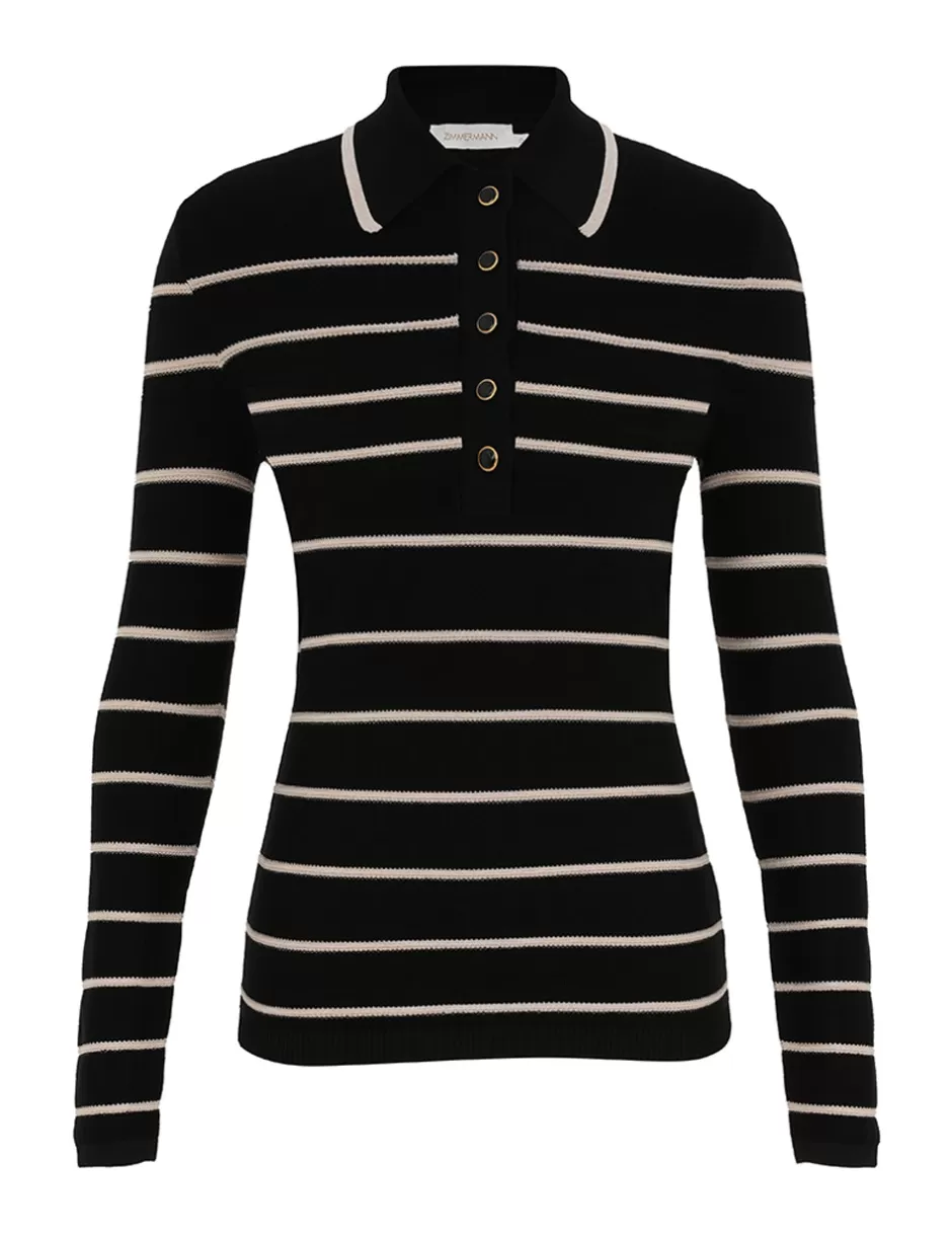 ZIMMERMANN Clothing | Tops<Crush Stripe Long Sleeve Polo Black Cream