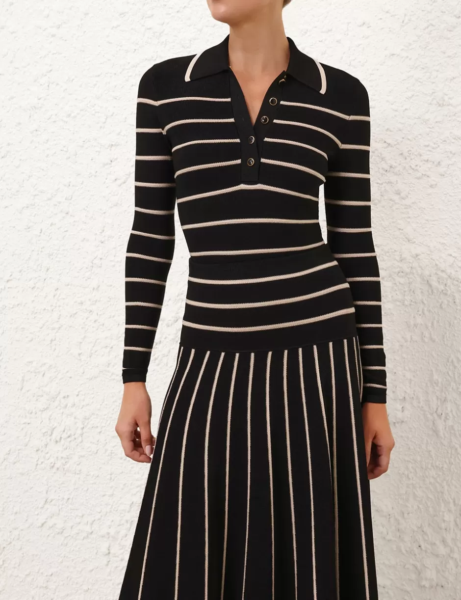 ZIMMERMANN Clothing | Tops<Crush Stripe Long Sleeve Polo Black Cream