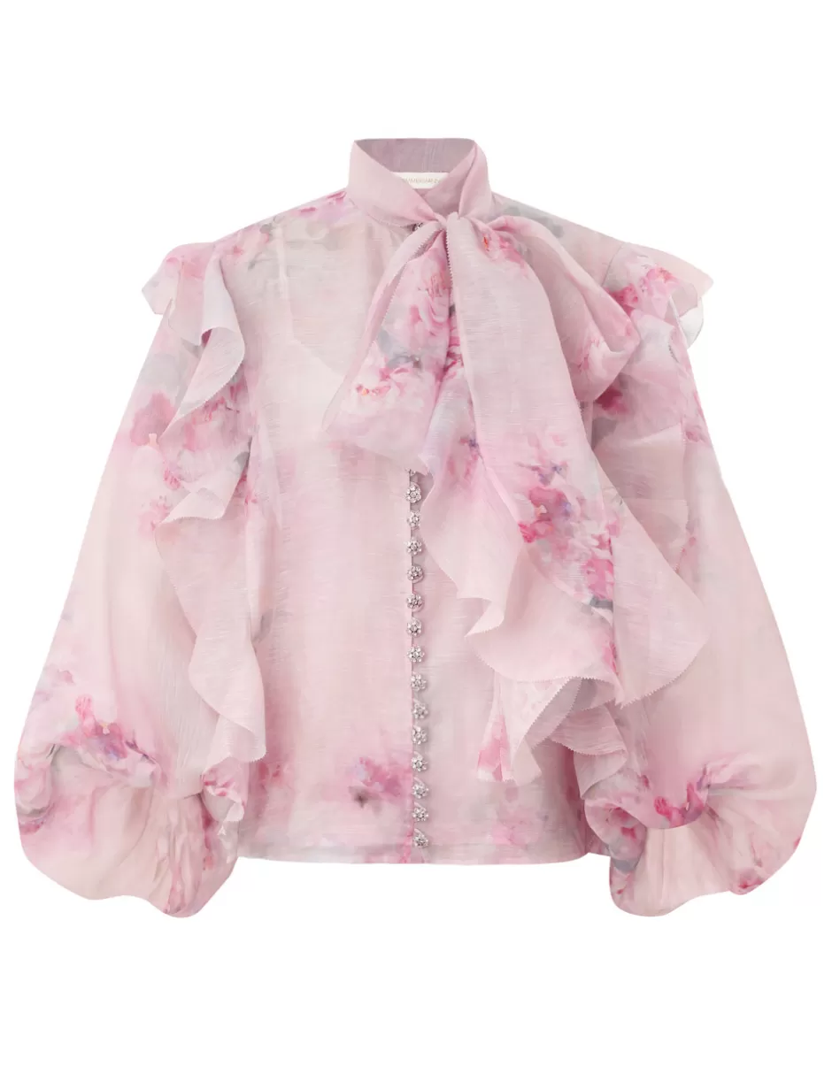 ZIMMERMANN Clothing | Tops<Crush Tie Neck Ruffle Blouse Pink Floral