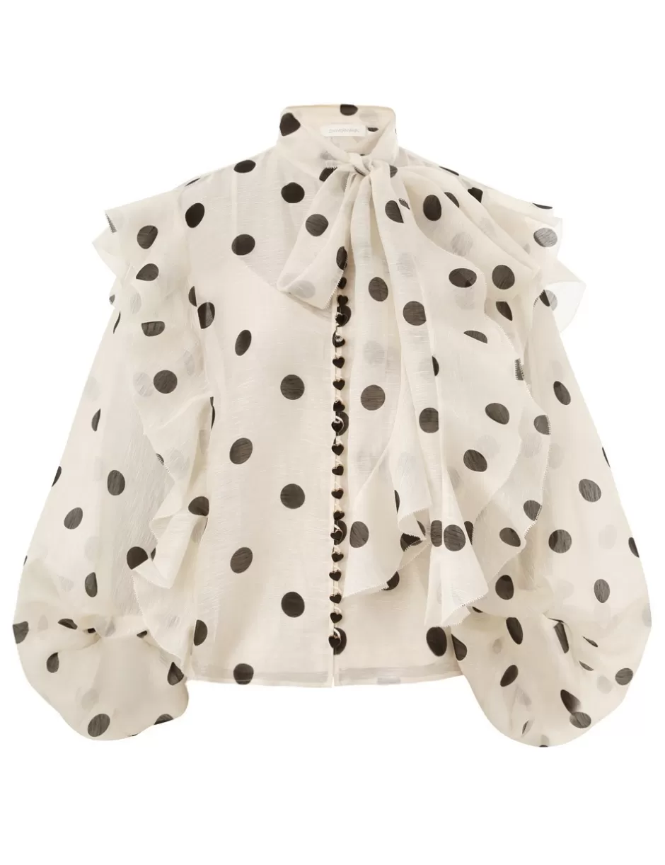 ZIMMERMANN Clothing | Tops<Crush Tie Neck Ruffle Blouse Cream Black Dot