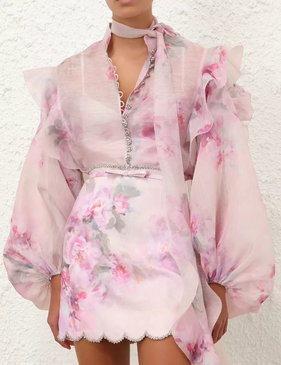 ZIMMERMANN Clothing | Tops<Crush Tie Neck Ruffle Blouse Pink Floral