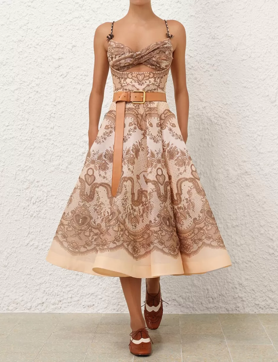 ZIMMERMANN Clothing | Dresses<Crush Twist Front Midi Dress Peach Lace Print