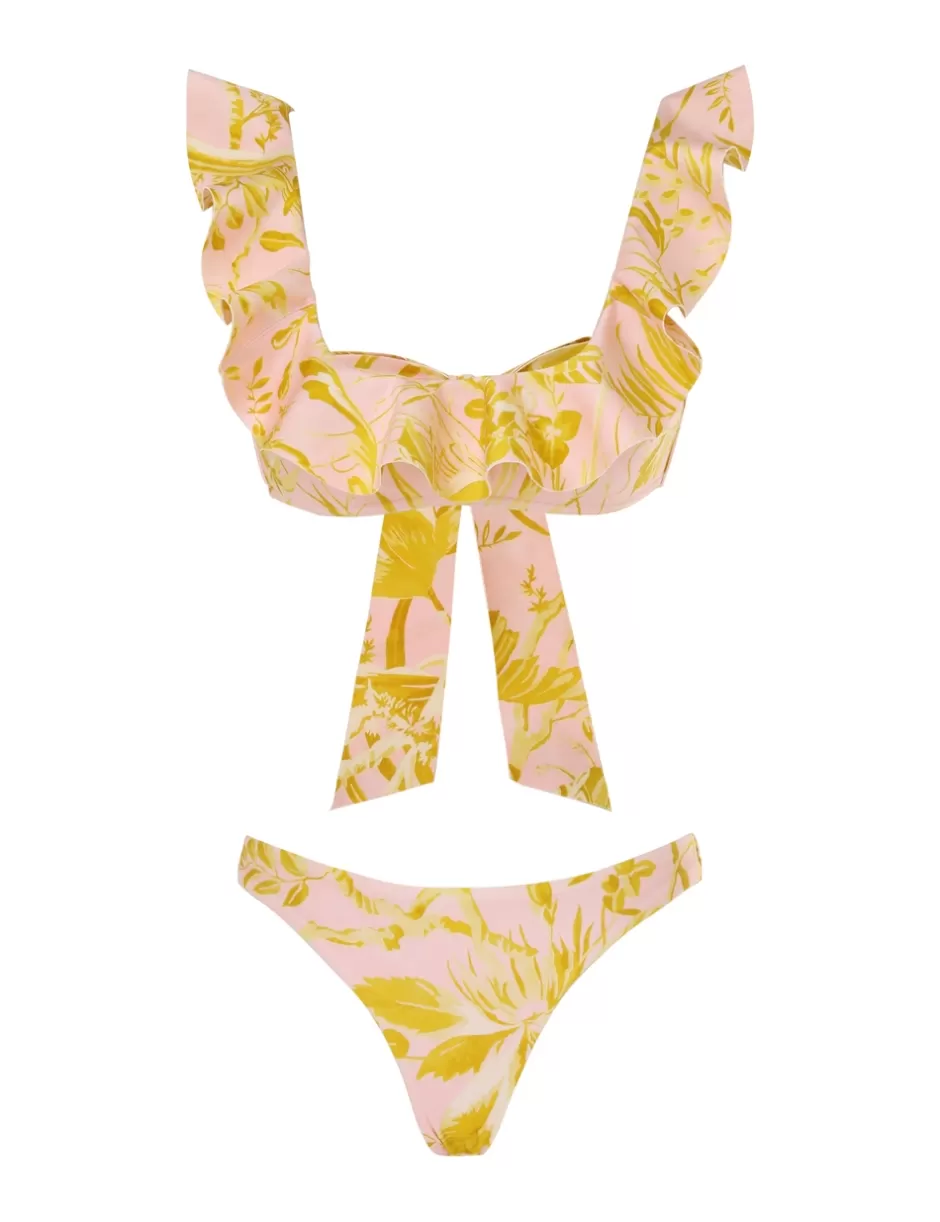 ZIMMERMANN Bikinis<Golden Frill Neck Bikini Pink Gold Floral