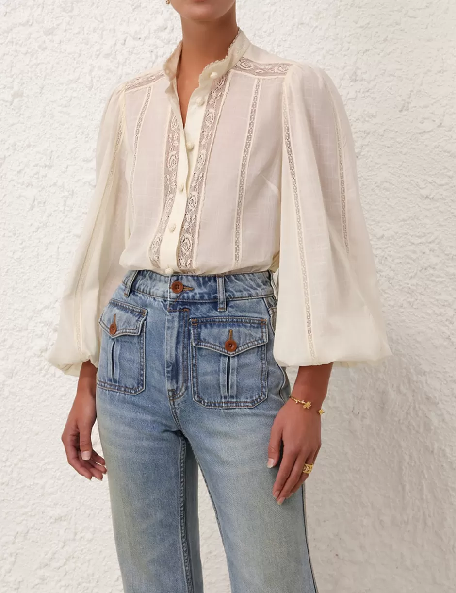 ZIMMERMANN Clothing | Tops<Halliday Lace Trim Shirt Cream