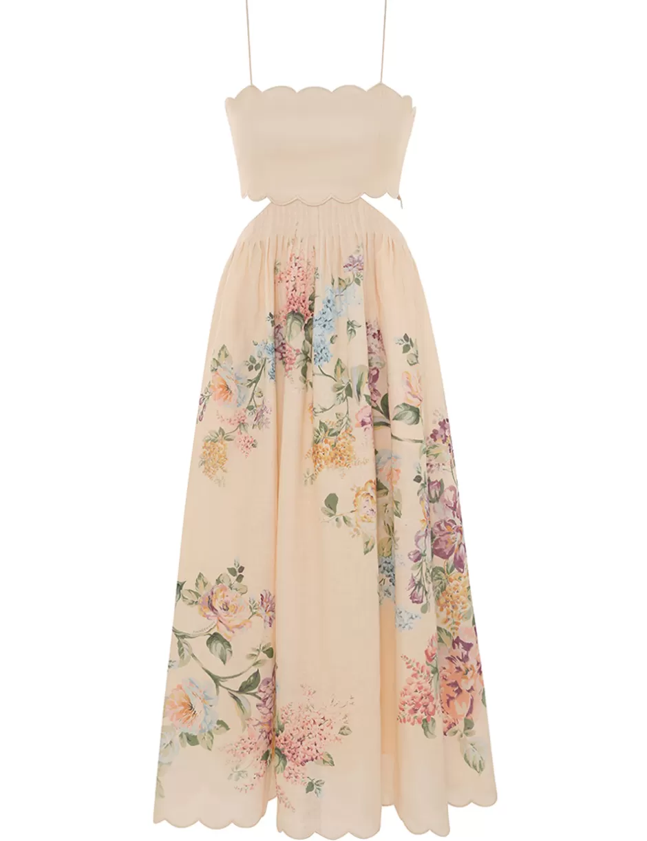 ZIMMERMANN Clothing | Dresses & Coverups<Halliday Scallop Midi Dress Cream Watercolour Floral