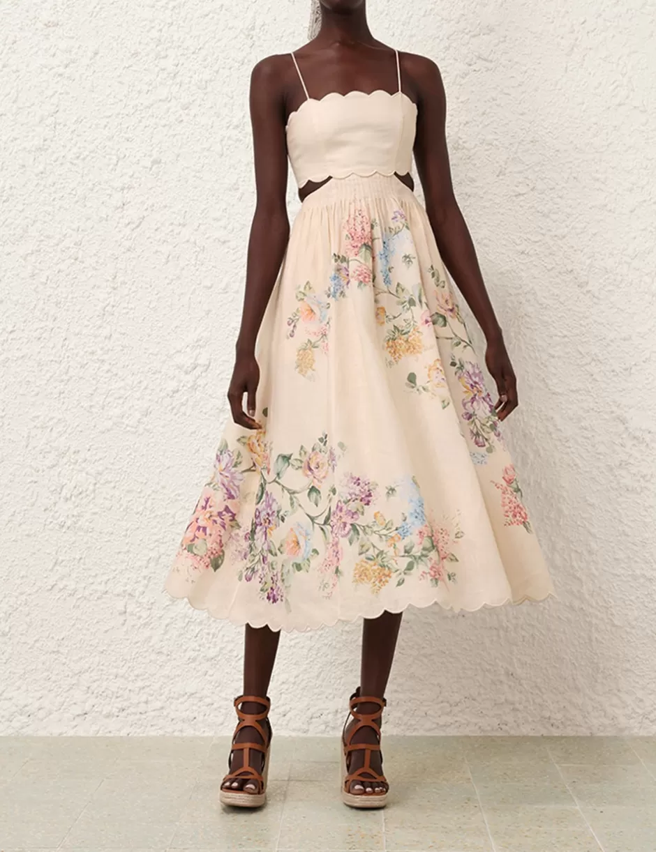 ZIMMERMANN Clothing | Dresses & Coverups<Halliday Scallop Midi Dress Cream Watercolour Floral