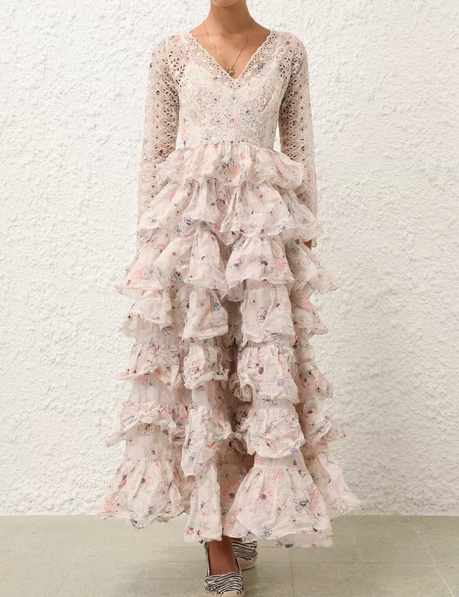 ZIMMERMANN Clothing | Dresses & Coverups<Halliday Tiered Ruffle Gown Ivory Watercolour Floral