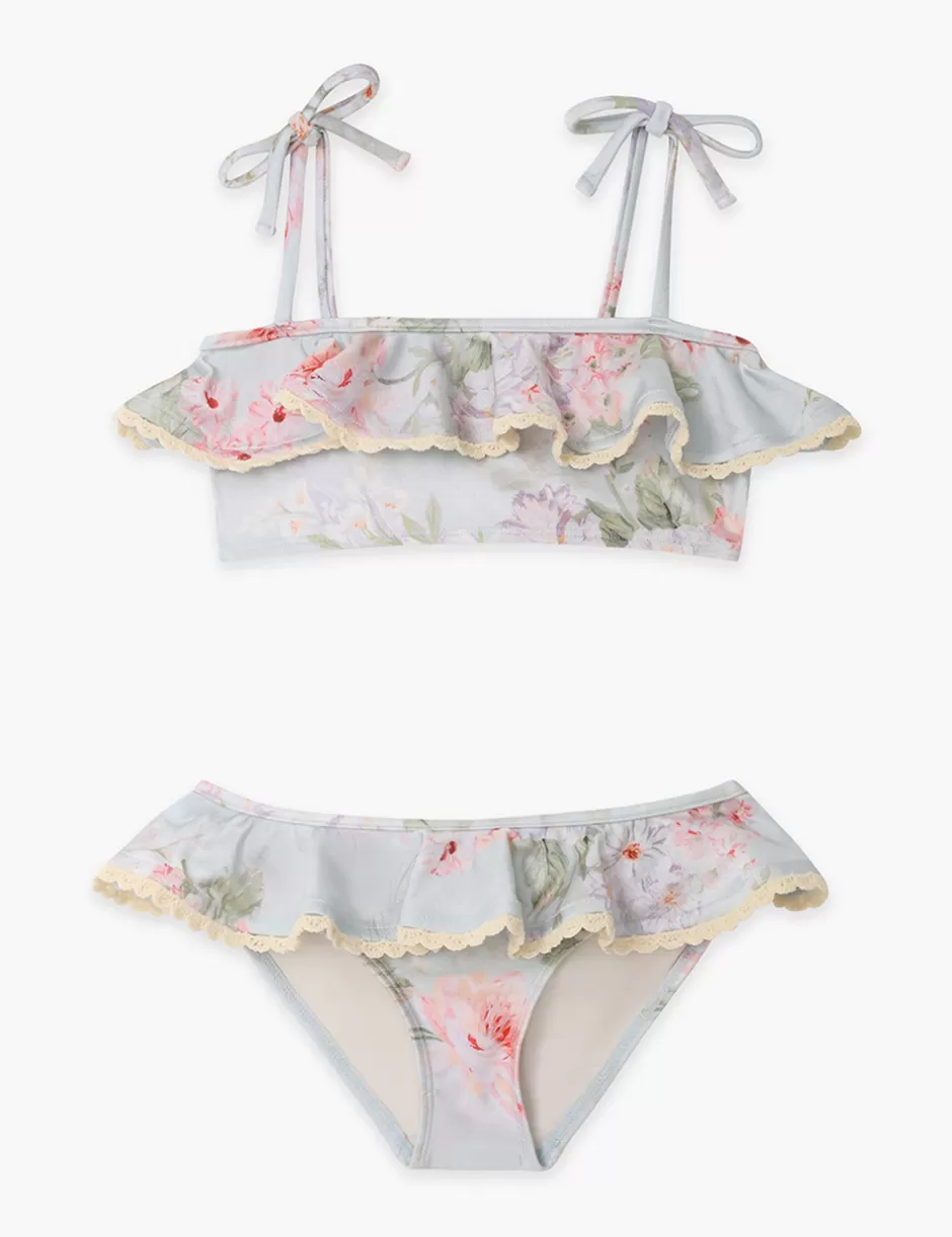 ZIMMERMANN Kids | Swimwear<Halliday Trim Frill Bikini Blue Watercolour Floral