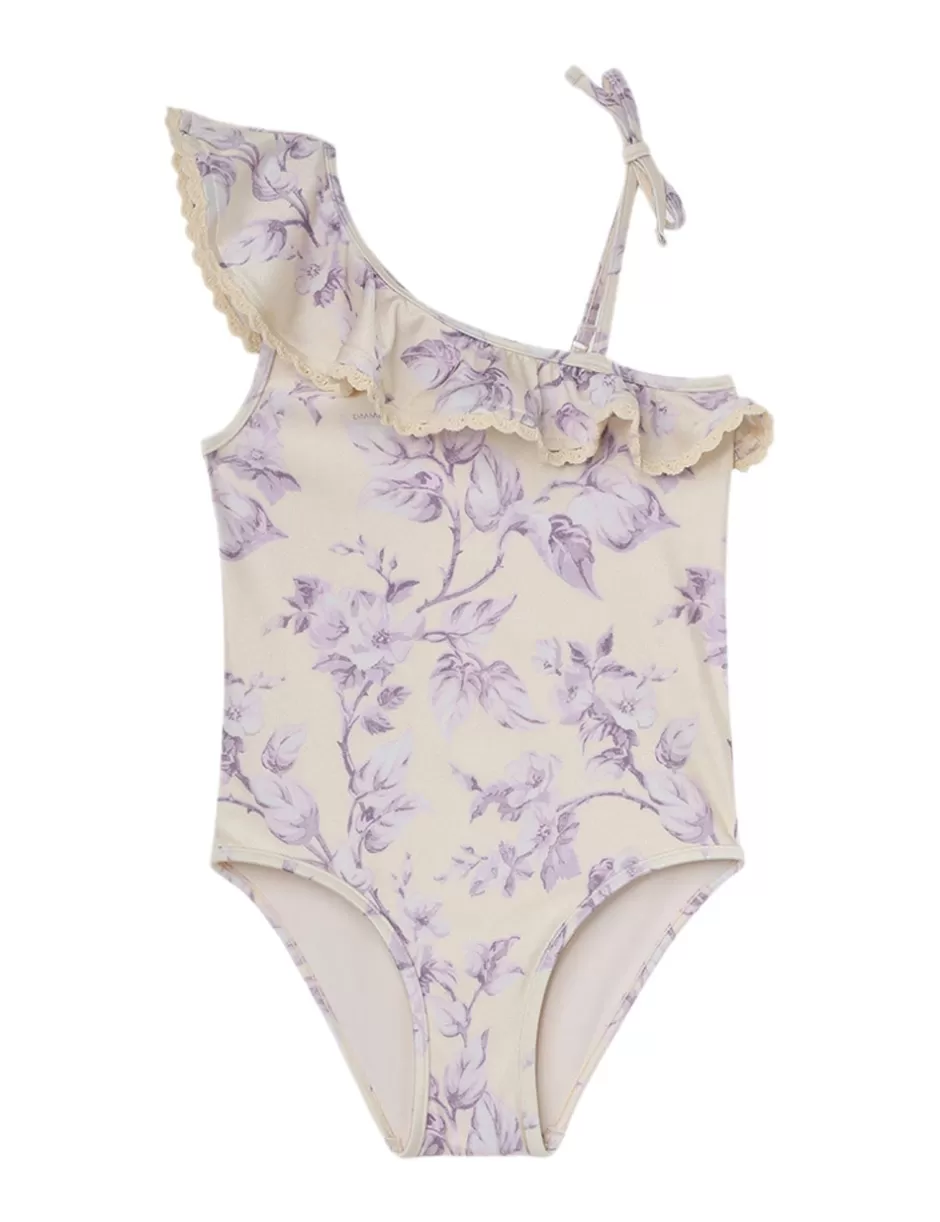 ZIMMERMANN Kids | Swimwear<Halliday Trim Frill 1PC Yellow Lilac Floral