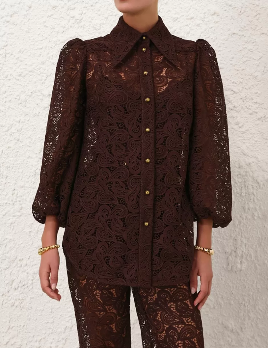 ZIMMERMANN Clothing | Tops<Illustration Lace Blouse Chocolate