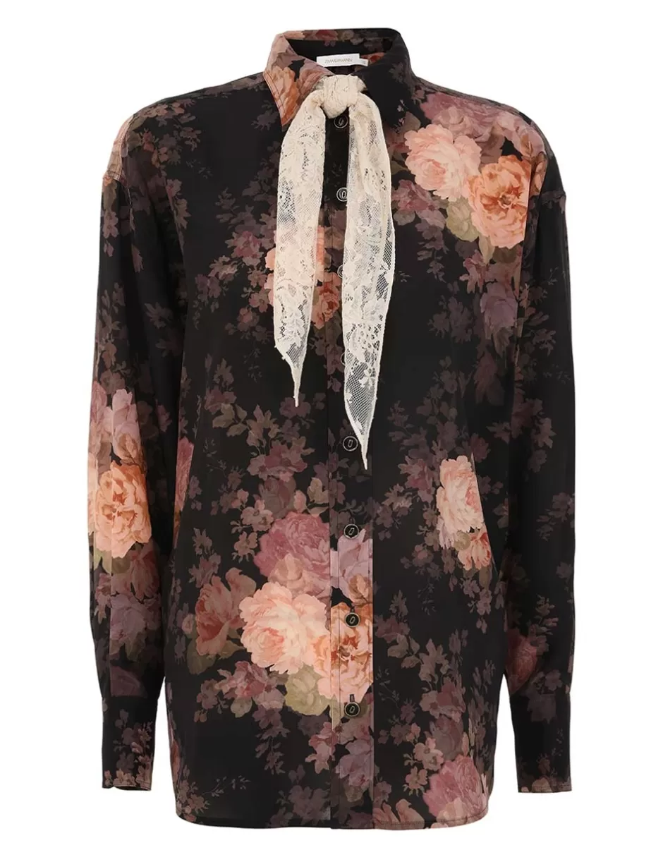 ZIMMERMANN Clothing | Tops<Illustration Lace Scarf Shirt Black Rococo Floral