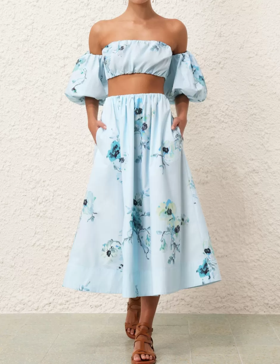 ZIMMERMANN Clothing | Skirts<Lightburst Gathered Midi Skirt Aqua Floral