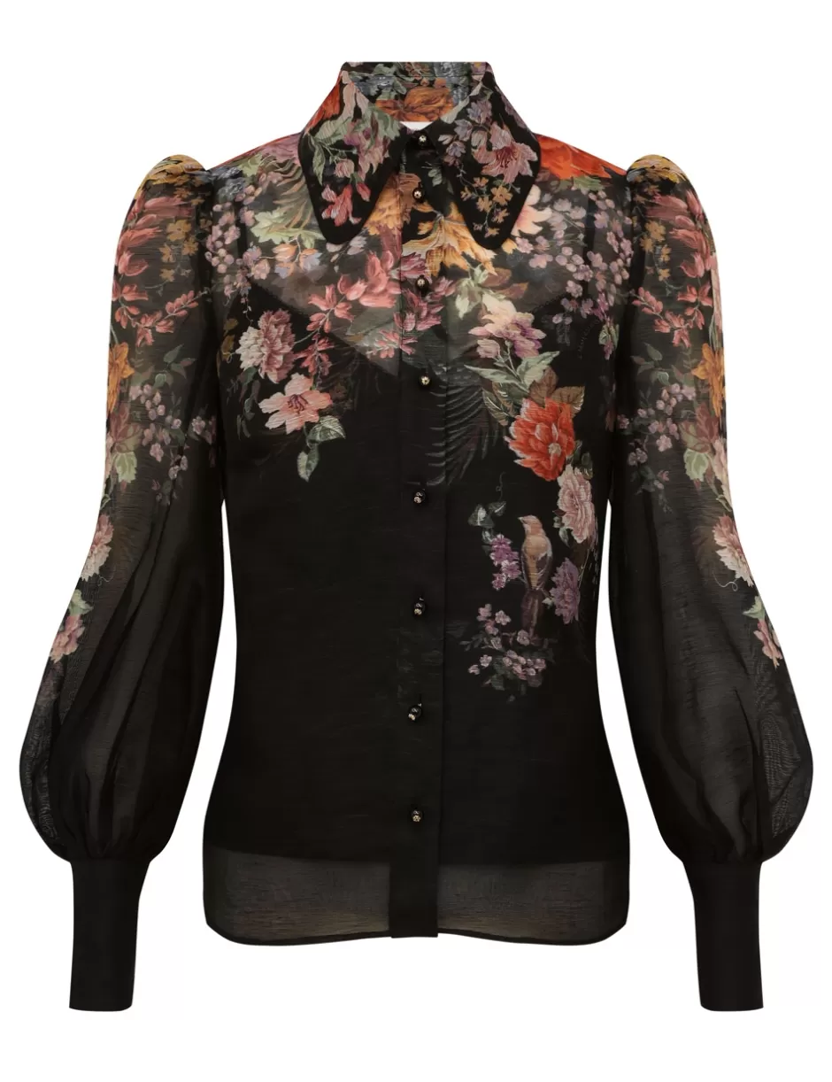 ZIMMERMANN Clothing | Tops<Pavilion Tie Neck Blouse Black Multi Floral