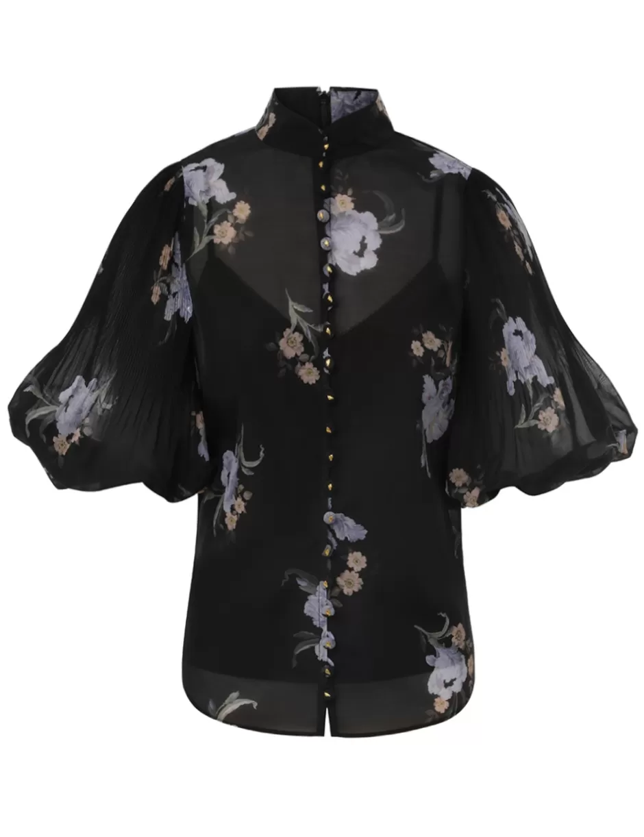 ZIMMERMANN Clothing | Tops<Pleated Buttoned Blouse Black Iris Floral