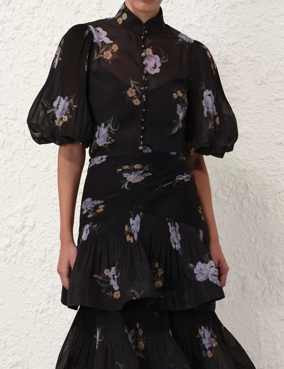 ZIMMERMANN Clothing | Tops<Pleated Buttoned Blouse Black Iris Floral