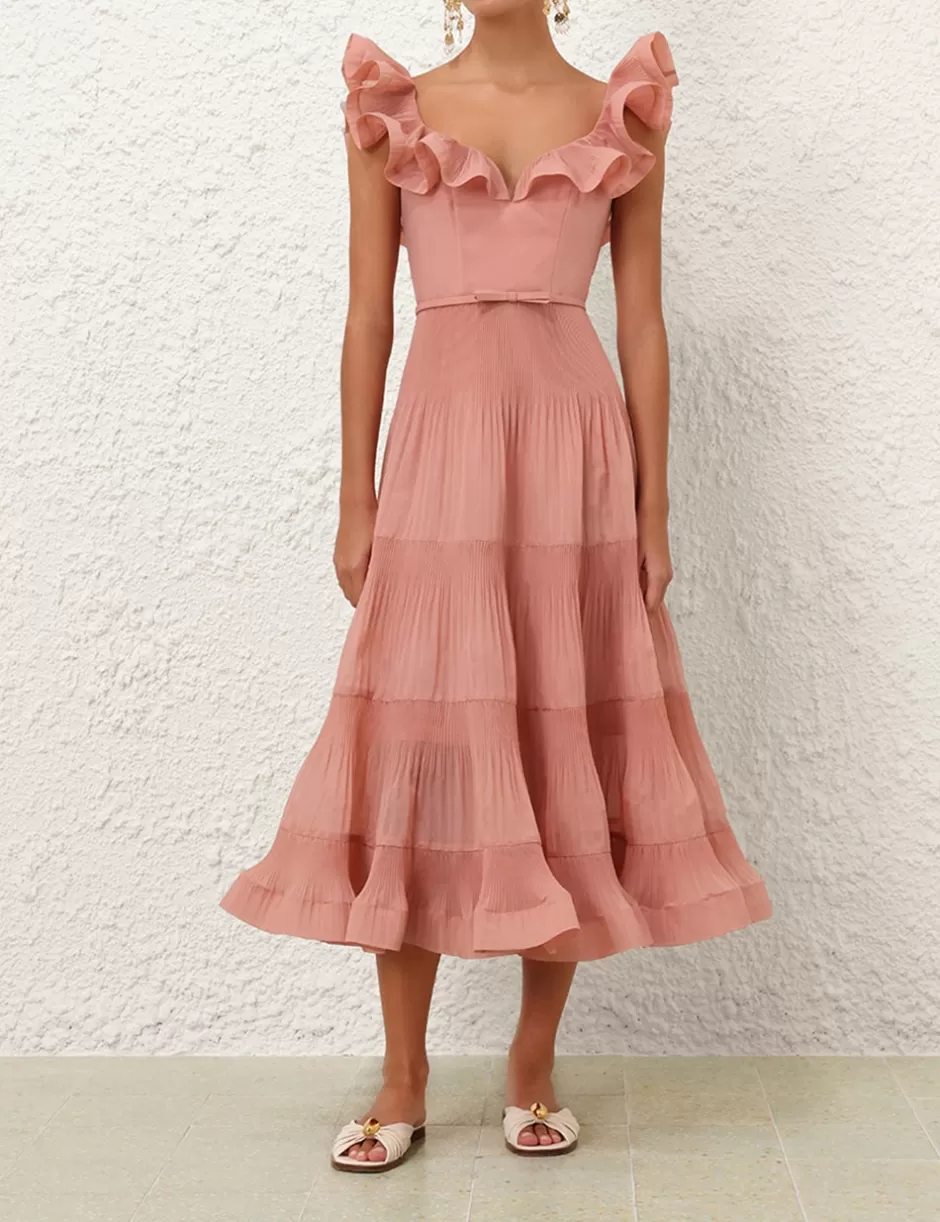 ZIMMERMANN Clothing | Dresses<Pleated Frill Midi Dress Lipstick