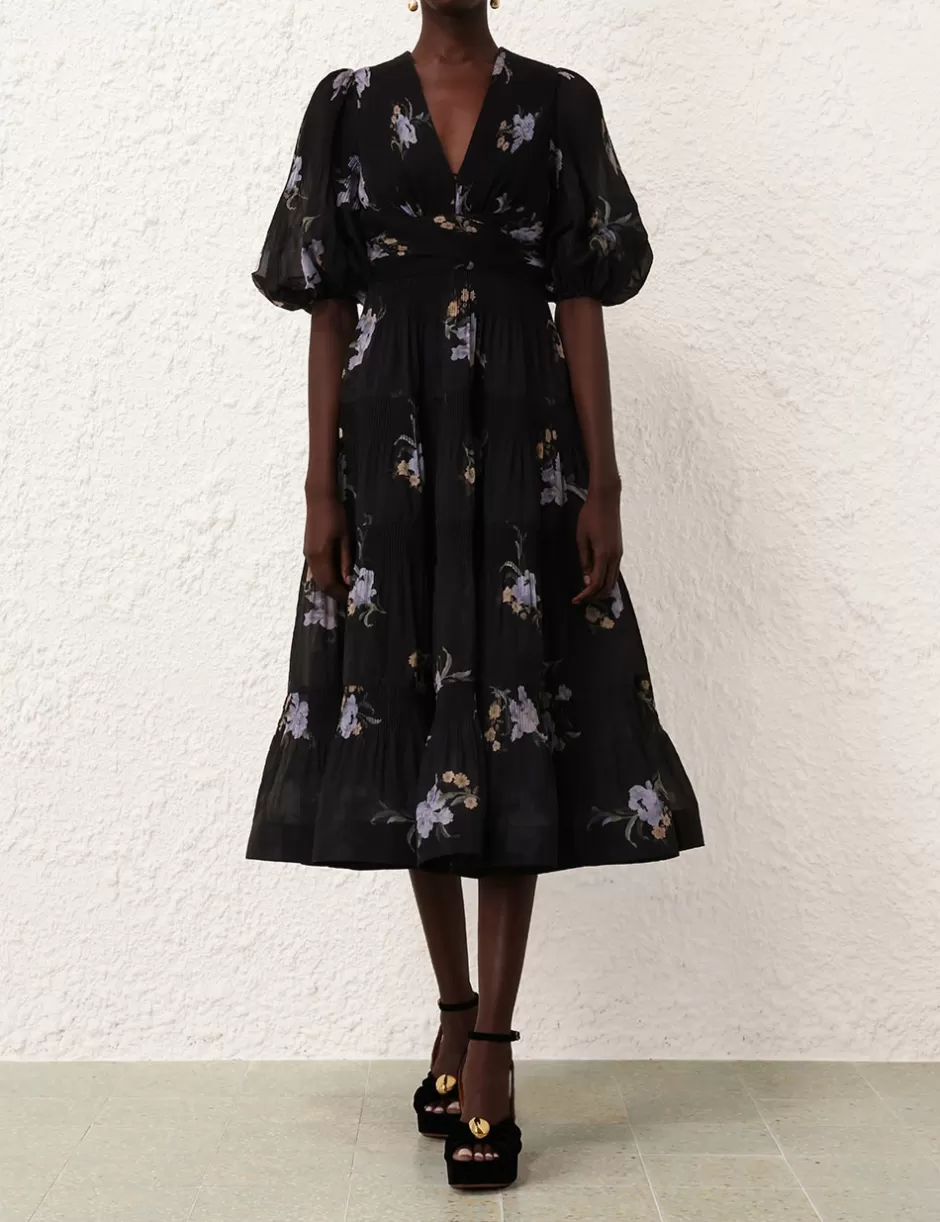 ZIMMERMANN Clothing | Dresses<Pleated Midi Dress Black Iris Floral