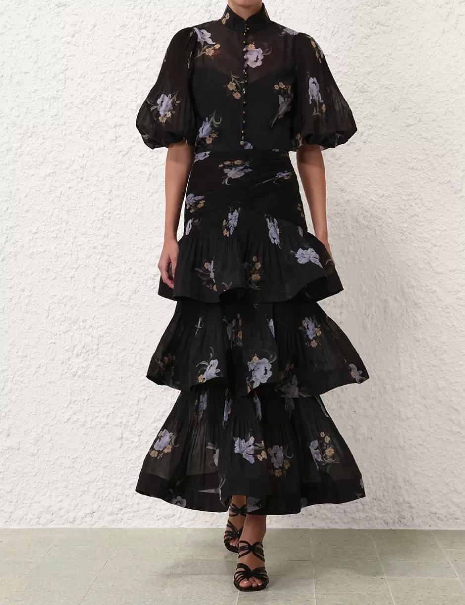 ZIMMERMANN Clothing | Skirts<Pleated Tiered Skirt Black Iris Floral