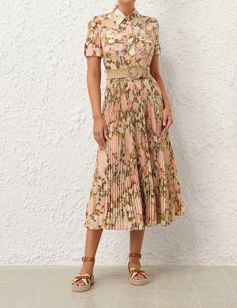 ZIMMERMANN Clothing | Dresses & Coverups<Pop Pleated Midi Dress Gold Peach Floral