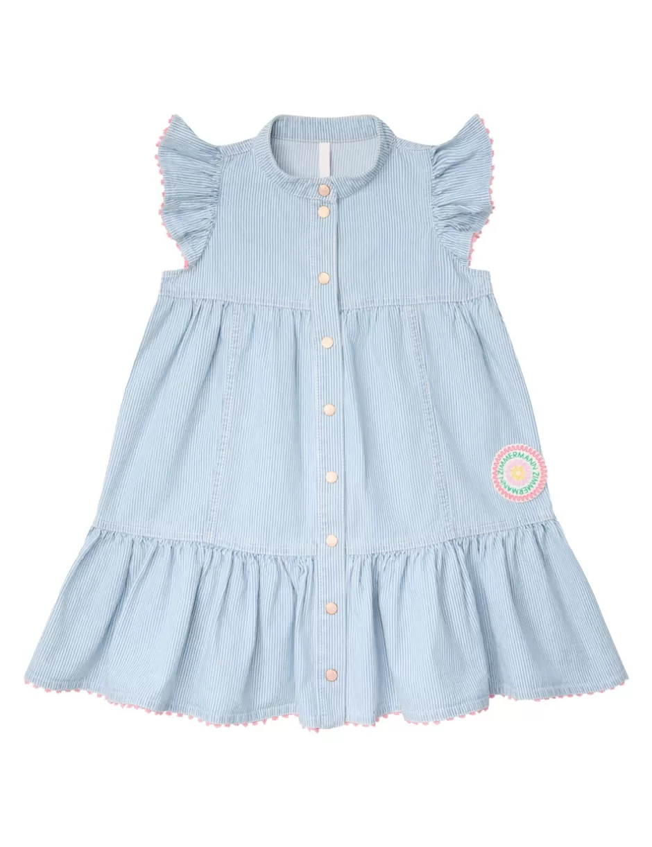 ZIMMERMANN Kids | Clothing<Wylie Kids Denim Flutter Dress Ticking Stripe